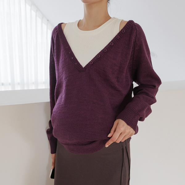 Maternity* Button-point Deep V-neck Layered Knit