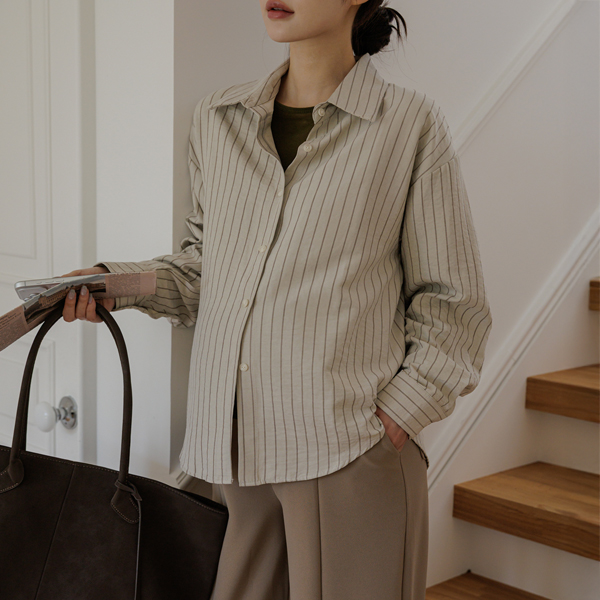 Maternity*Peach Pinstripe Loose Fit Shirt