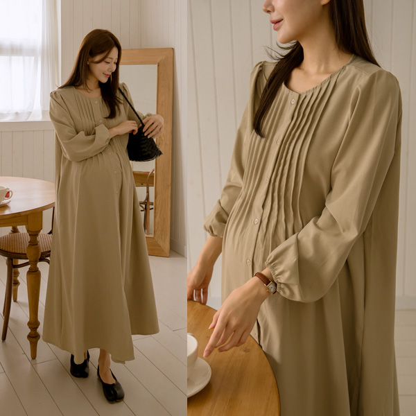<b>[Popularity Vote 1st Place]</b> Maternity* S.P.IN Tuck Open Long Sleeve Maternity Dress