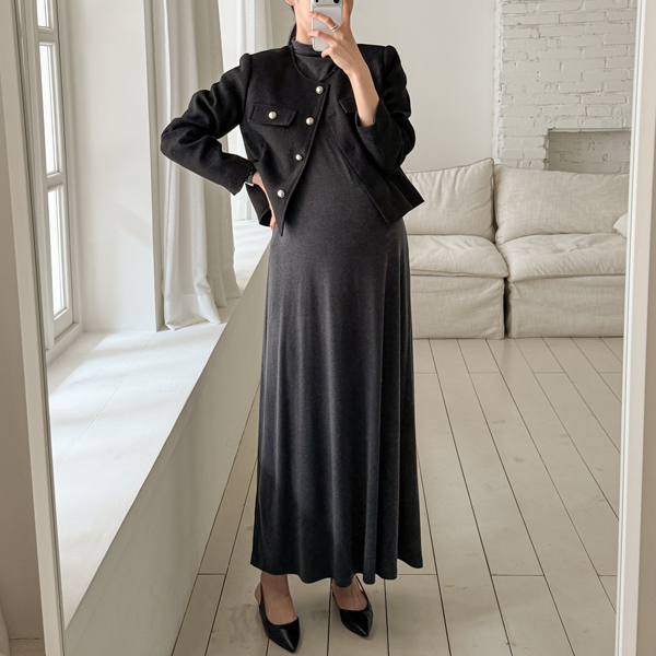 Maternity*Charrr Tension Basic Mock Neck Maternity Dress (Full-term/Pregnancy Photo Shoot)