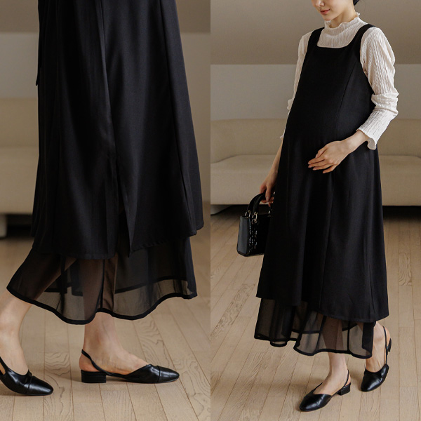 [S-made] Maternity*Square Neck Chiffon Color-Block Layered Maternity Dress