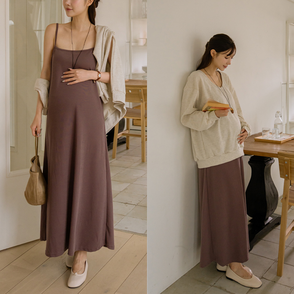 Maternity* Tight-fit Layered Maternity Dress (Man to man SET)