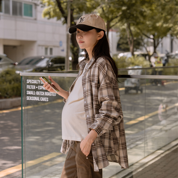 Maternity*Soft Peach Check Oversized Shirt
