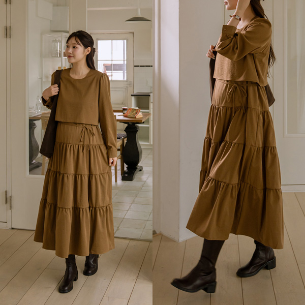 Maternity*Two-piece style tiered long maternity dress (String Set)