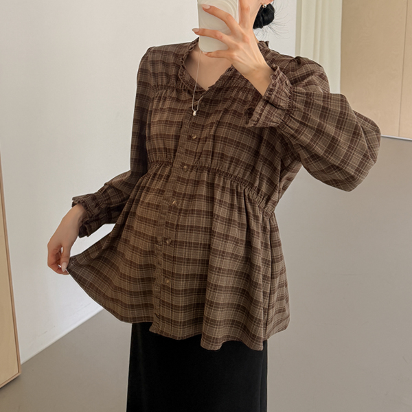 <b>[Elastic Shirring/Autumn Blouse/Body Coverage]</b> [S-made] Maternity* Pure Frill Elastic Tok Tok Check Maternity Blouse