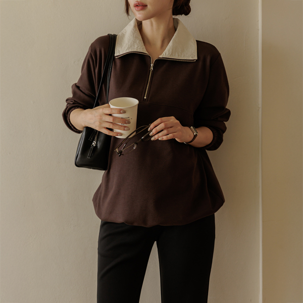 <b>[Contrast Collar/Autumn Mood/Body Shape Coverage]</b> [S-made] Maternity*Tongtong Cotton Contrast Collar Half-Open Maternity T-shirt