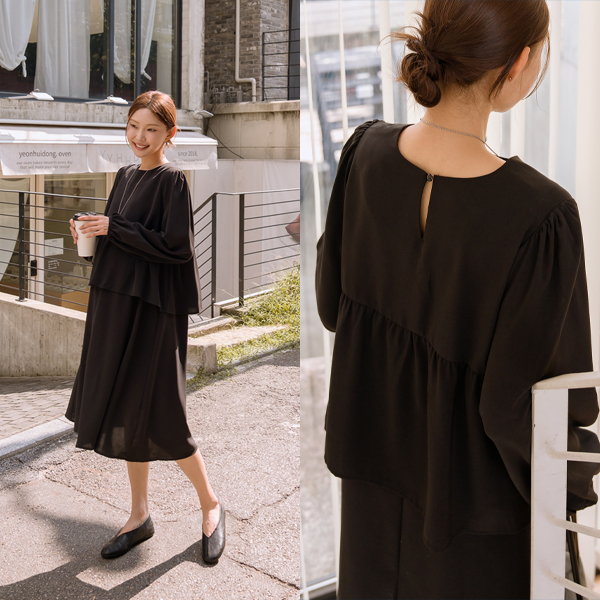 <b>[Model Wedding Guest Look][Two-Piece Vibe]</b> [S-made] Maternity*Layered Frill Maternity Dress That Looks Like Wearing Two Dresses