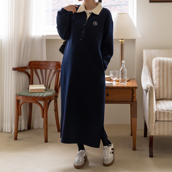 <b>[Free Shipping][Thick Fleece-lined/Repurchase Item]</b> Nursing Wear*Embroidered Collar Contrast 10-Second Fleece-lined Nursing Dress (Maternity Use Available)